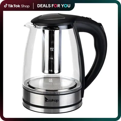 ZOKOP 1800W/1.8L Electric Glass Kettle US Plug, LED Light, Auto 5 Minutes Shut-off, Boil Dry, Overheat Protection, BPA-Free, ...