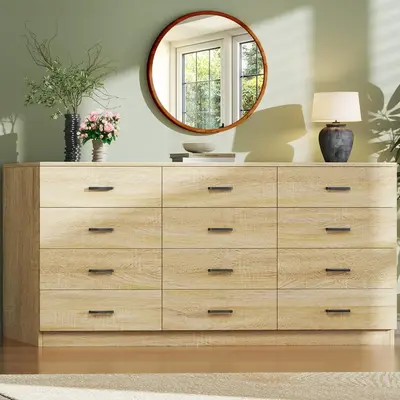 Dresser for Bedroom with 12 Drawers, 60'' Wide Mid Century Modern Dressers, Natural Wood Grain, Chests of Drawers TV Stand, L...