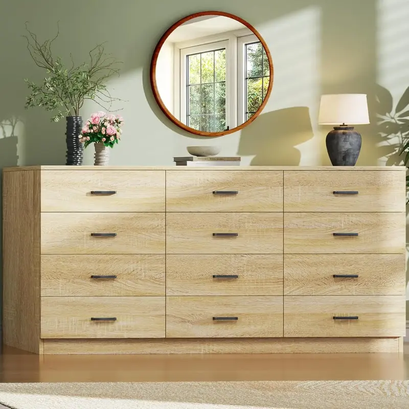 Dresser for Bedroom with 12 Drawers, 60'' Wide Mid Century Modern Dressers, Natural Wood Grain, Chests of Drawers TV Stand, L...