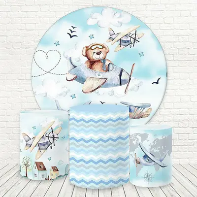 Aperturee Blue Sky Little Bear Plane Round Birthday Backdrop Kit | Circle Background For Party | Birthday Backdrop Ideas | Ro...