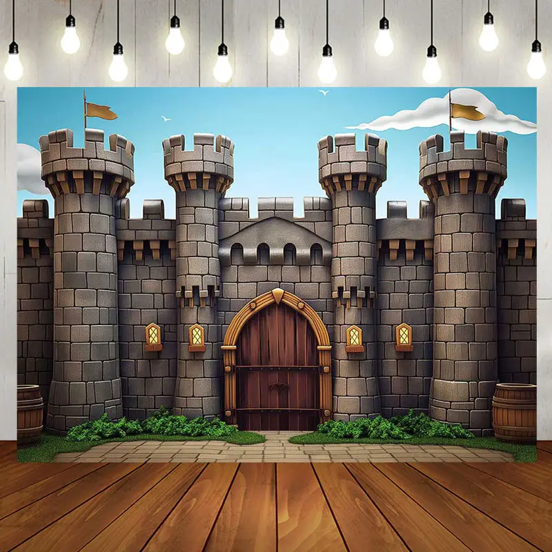 Retro Castle Tower Blue Sky Backdrop For Birthday