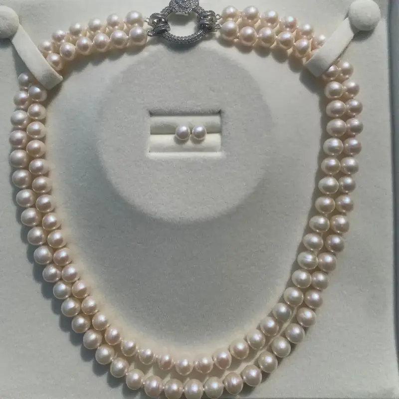 NC053-‘Moonlight Duet’ Double‑Layer Freshwater Pearl Necklace Set — Luminous Twin Rows, Signature Couture Clasp + Mat...