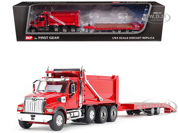Western Star 49X Truck with Ox Bodies Dump & Beaver Tail Trailer Viper Red 1/64 Diecast Model by DCP/First Gear