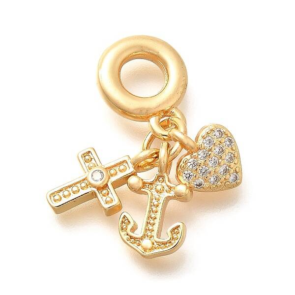Brass Clear Cubic Zirconia Cross & Anchor & Heart European Dangle Charms