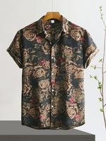 Men's Floral Print Button Front Shirt, Summer Outfits 2024, Loose Boho Casual Short Sleeve Collar Top for Summer, Streetwear,...