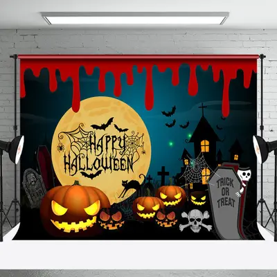 Aperturee Trick Or Treat Pumpkins Cemetery Halloween Backdrop - Aperturee