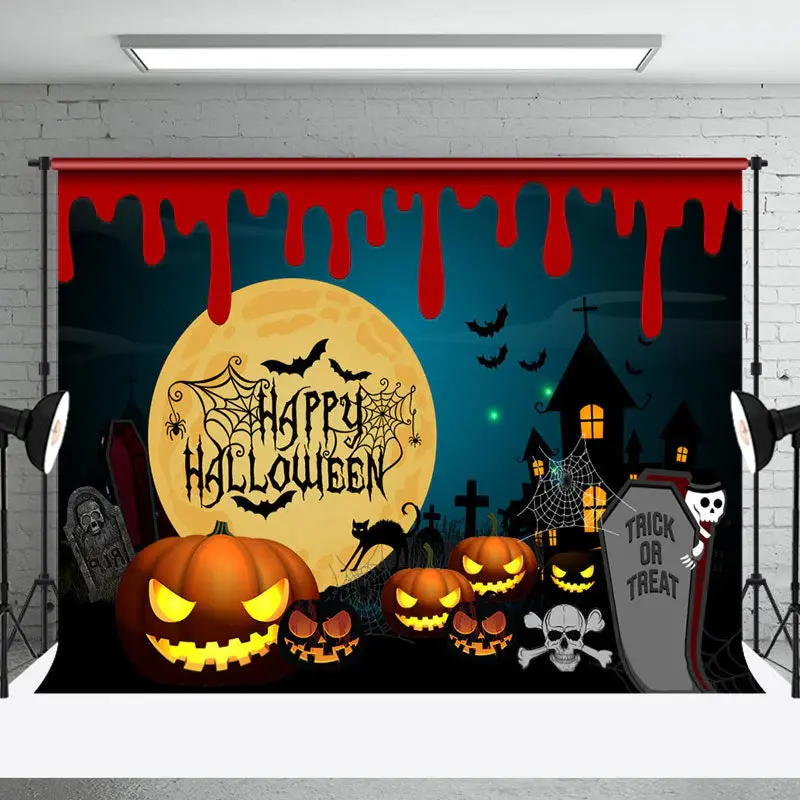 Aperturee Trick Or Treat Pumpkins Cemetery Halloween Backdrop - Aperturee