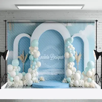 Summer Blue White Balloons Beach Cake Smash Backdrop - Aperturee
