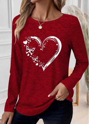 Modlily Red Patchwork Heart Print Long Sleeve T Shirt - L