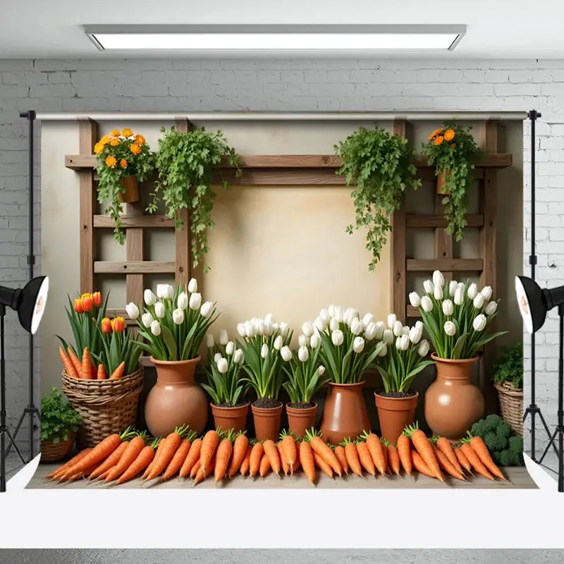 Aperturee Rustic Spring Greenery Carrots Floral Photo Backdrop, 3X2FT(1MX0.6M), 14 USD, spring backdrops, NYHD5I99-M
