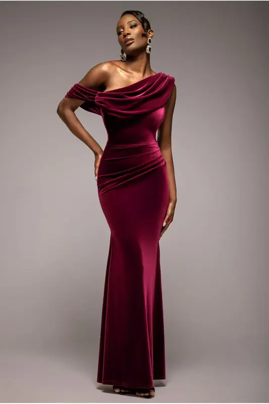 Goddiva Cowl One Shoulder Velvet Maxi Dress - Burgundy Red