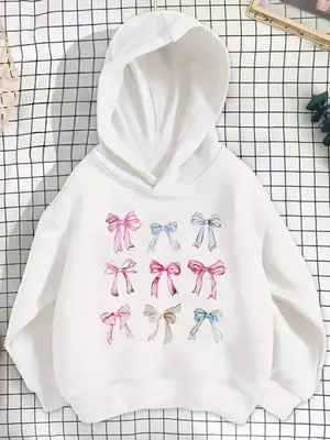 Girls' Spring & Fall Fashion Hooded Sweatshirt, Creative Bow Print Long Sleeve Pullover, Casual Comfortable Trendy Hoodie, Pa...