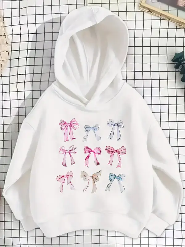 Girls' Spring & Fall Fashion Hooded Sweatshirt, Creative Bow Print Long Sleeve Pullover, Casual Comfortable Trendy Hoodie, Pa...