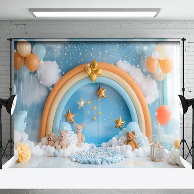 Aperturee Blue Cloud Wall Rainbow Arch Bear Cake Smash Backdrop, 3X2FT(1MX0.6M), 14 USD, birthday cake smash backdrops, NYHD2...