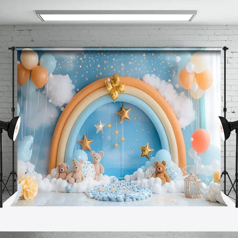 Aperturee Blue Cloud Wall Rainbow Arch Bear Cake Smash Backdrop, 3X2FT(1MX0.6M), 14 USD, birthday cake smash backdrops, NYHD2...