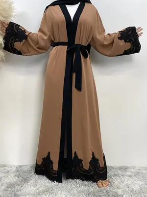 Arabic Clothing-contrast Lace Long Sleeve Belted Abaya, Contrast Binding Muslim Dress with Belt, Women's Islamic Clothing, Ab...