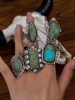 Vintage Turquoise Texture Decorated Ring Set, Western Style Rings, Fashion Accessories for Women & Girls, Trendy All-match & ...