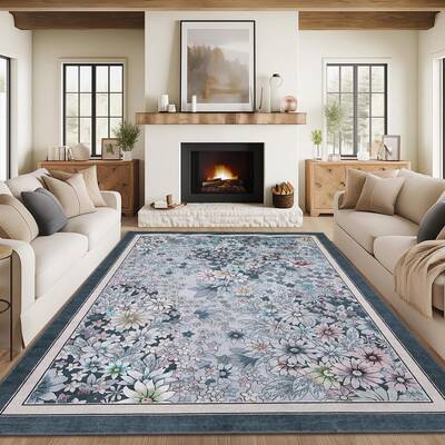 Garvee Washable 9x12 Area Rug Non-Slip Boho Floral Vintage Low Pile Faux Wool Durable Soft for Living Room Bedroom Kids Playr...