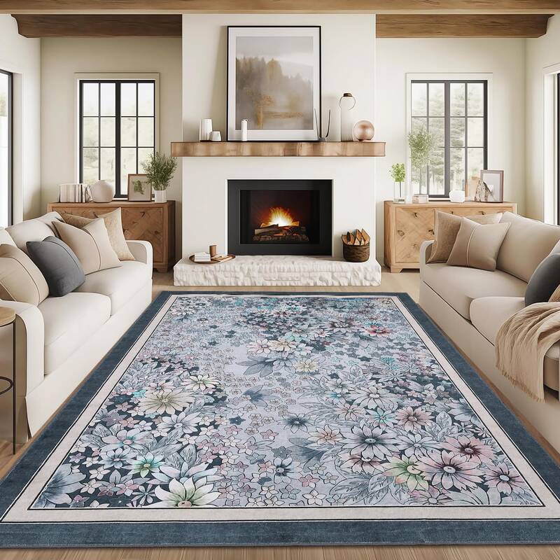 Garvee Washable 9x12 Area Rug Non-Slip Boho Floral Vintage Low Pile Faux Wool Durable Soft for Living Room Bedroom Kids Playr...