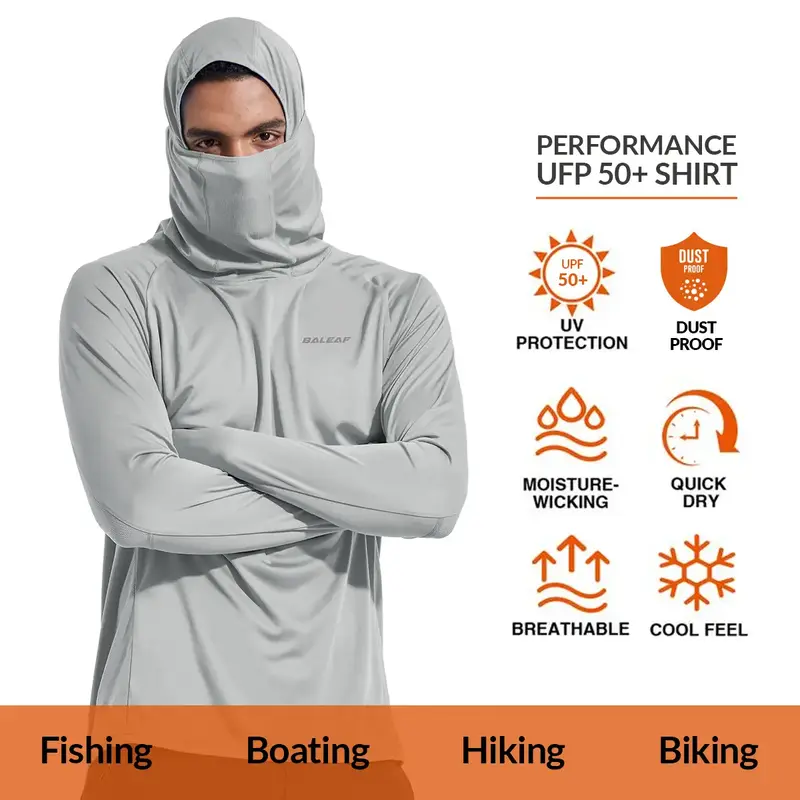 baleaf Men Sun Protection Hoodie Face Mask UPF50+ Long Sleeve Thumbholes UV SPF Shirt Neck Gaiter Fishing Beach Breathable Ra...