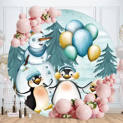 Aperturee Penguin And Snowman Round Baby Shower Backdrop