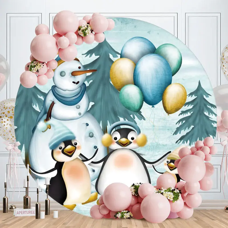 Aperturee Penguin And Snowman Round Baby Shower Backdrop