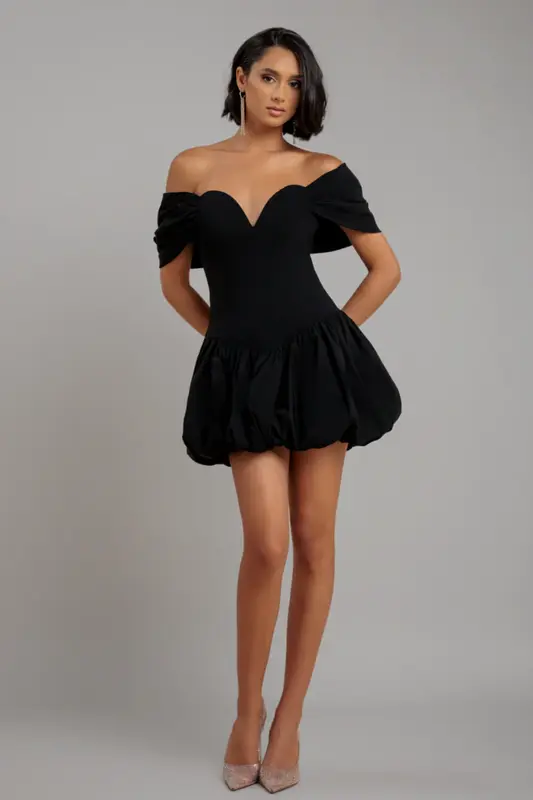 Goddiva Bardot Babydoll Corset Mini Dress - Black