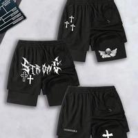 Men's Cross & Alphabet Print Streetwear Shorts - 3-Pack 100% Polyester Knit Fabric, Slight Stretch, Regular Fit, 190g/m², Sp...