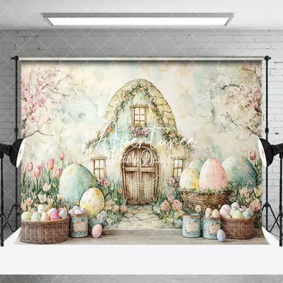 Aperturee Spring Floral Egg House Wall Easter Photo Backdrop, 3X2FT(1MX0.6M), 14 USD, easter backdrops, ENHD3J78-M