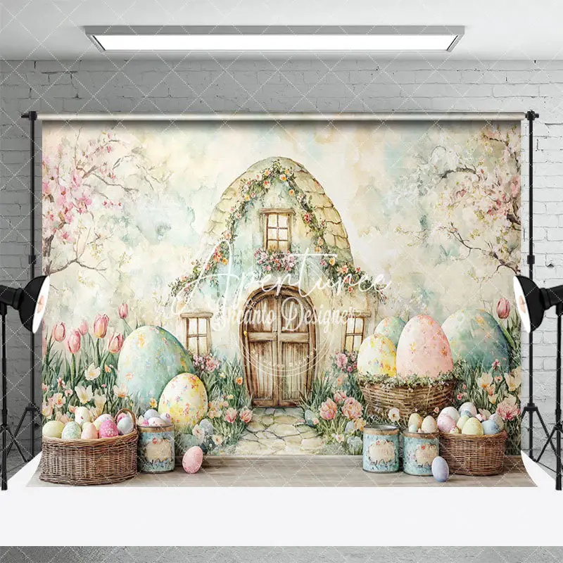 Aperturee Spring Floral Egg House Wall Easter Photo Backdrop, 3X2FT(1MX0.6M), 14 USD, easter backdrops, ENHD3J78-M