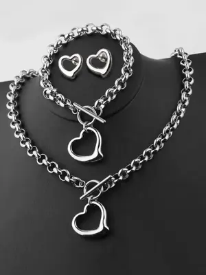 Stainless Steel Heart Design Chain Link Jewelry Sets, Necklace Bracelet Earrings, Chunky Chain for Holiday Gifts for Girlfrie...