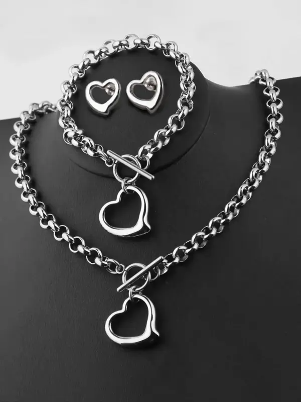 Stainless Steel Heart Design Chain Link Jewelry Sets, Necklace Bracelet Earrings, Chunky Chain for Holiday Gifts for Girlfrie...