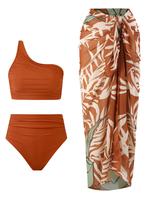 Three-piece Set Women's Plain Asymmetrical Swim Top & Swim Bottom & Leaf Print Cover Up Skirt Bikini Set, Casual Fashion Swim...