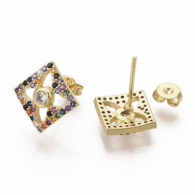 Brass Micro Pave Colorful Cubic Zirconia Stud Earrings