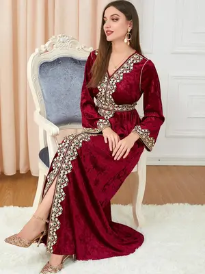 Arabic Clothing-Women's Solid Appliques Split Velvet Dress, Elegant Long Sleeve V Neck A Line Dress For Daily Wear, Fashion M...