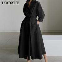 UOOZEE women's long-sleeved loose solid color lapel midi dress, waist design, comfortable and elegant, a must-have for commut...