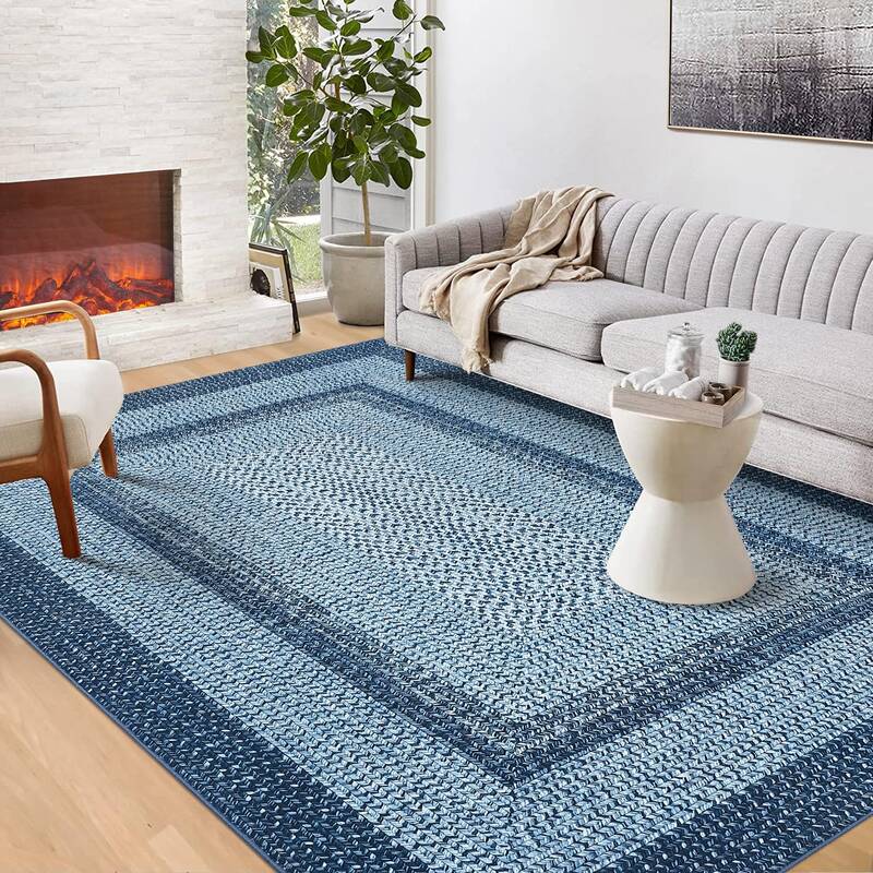 Garvee Bordered Grey Blue 6x9 Washable Boho Braided Area Rug, Vintage Low-Pile Carpet with Non-Slip TPR Backing, Foldable Pol...