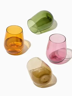 RESERVE 16oz Stemless Wine Color Series Tritan Copolyester Glass Mixed Set | Size: 24 Pack | Style: Clear Cup