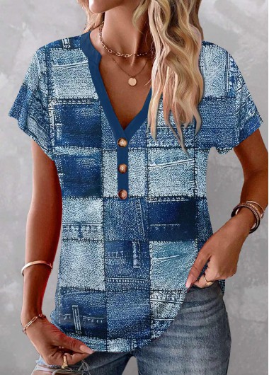Modlily Blue Button Geometric Print Short Sleeve Split Neck Blouse - M