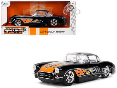 1957 Chevrolet Corvette Black with Flame Graphics and White Interior Bigtime Muscle Series 1/24 Diecast Model Car by Jada