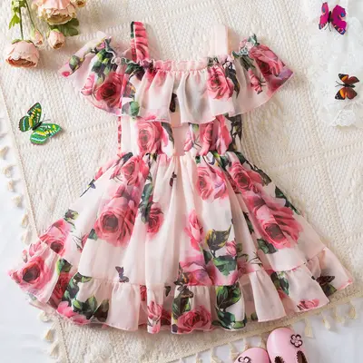 Baby Dress Girl Flower Print Dress Toddler Girls Flounce One Shoulder Birthday Party Dresses Lovely Sling Summer Sundress