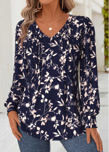 Modlily Navy Tummy Coverage Floral Print Long Sleeve T Shirt - M