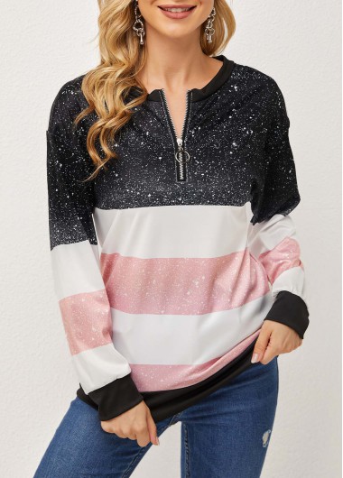 Modlily Long Sleeve Quarter Zip Contrast T Shirt - 3XL
