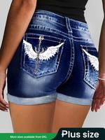 【Plus Size】Wing Pattern Button Fly Denim Shorts, Casual Pocket Design Shorts for Summer, Women's Bottoms for Daily Wear, ...
