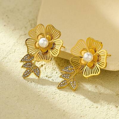 304 Stainless Steel Micro Pave Clear Cubic Zirconia Flower Stud Earrings for Women