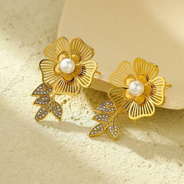 304 Stainless Steel Micro Pave Clear Cubic Zirconia Flower Stud Earrings for Women
