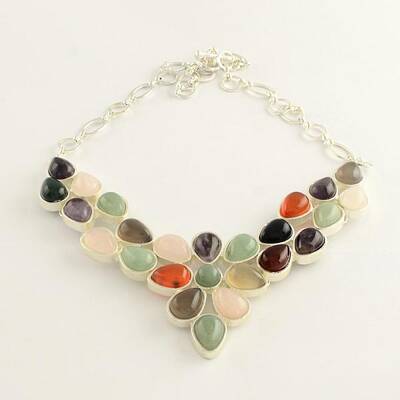 Gemstone Bib Statement Necklaces with Alloy Cabochon Settings and Silver Color Plated Brass Chains