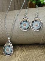 2pcs/set Boho Style Water Drop Shaped Pendant Necklace and Dangle Earrings, Vintage Style Ethnic Pattern Design Dangle Earrin...