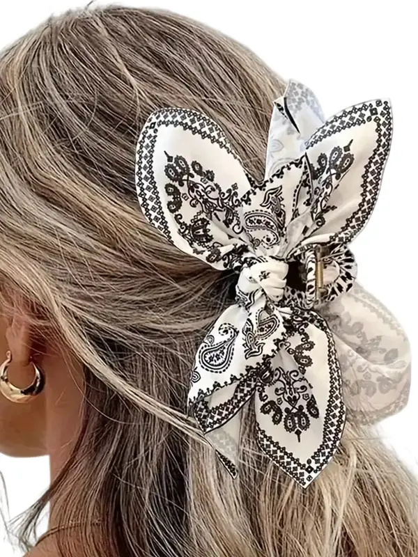 Women's Elegant Paisley Bowknot Design Hair Ponytail Claw Clip, Vintage Trendy White Claw Clip, Fashionable Boho All-match Fa...
