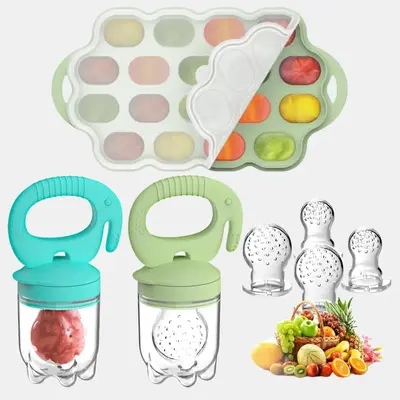 Baby Food Feeder & Teether with Popsicle Molds, BPA Free Silicone Fruit Feeder Pacifier